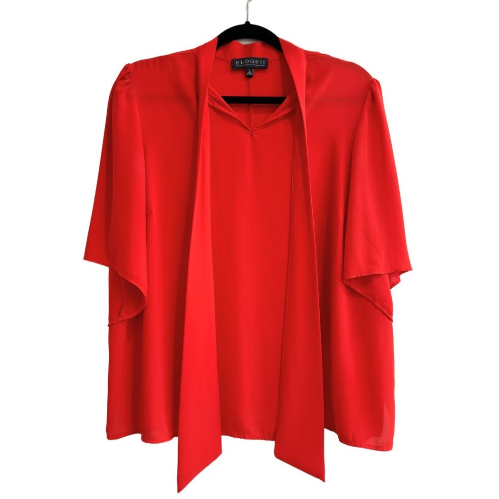 Eloquii Red-Orange Bow Blouse with Flutter Sleeve Size 14